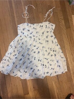Abercrombie&Fitch Mini Dress Linen Tiered White Blue Floral Tie Straps Pockets